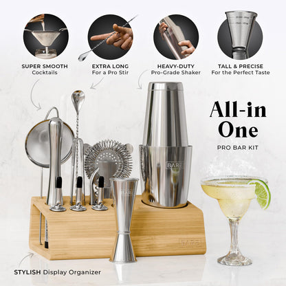 BARE BARREL® Cocktail Making Kit | 14-Piece Bartender Kit Cocktail Shaker Set Maker | Bamboo Display Stand & 35 Recipe Cards | Mixology Cocktail Gift Set (800ml/28oz Boston Shaker, Silver)