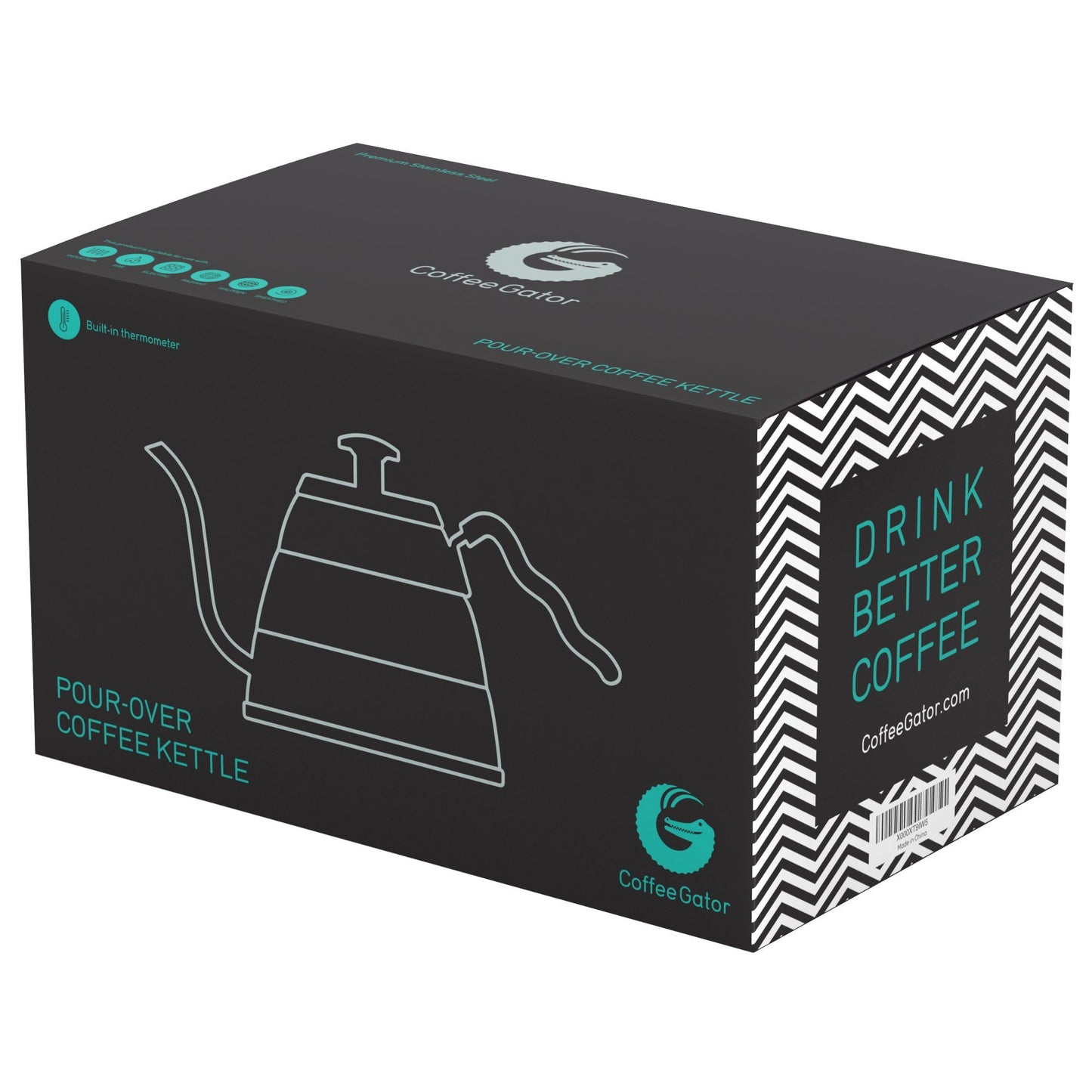 Coffee Gator Gooseneck Kettle – 1.2 Litre, Stainless-Steel Stovetop Kettles w/Precision Drip Spout & Built-in Thermometer