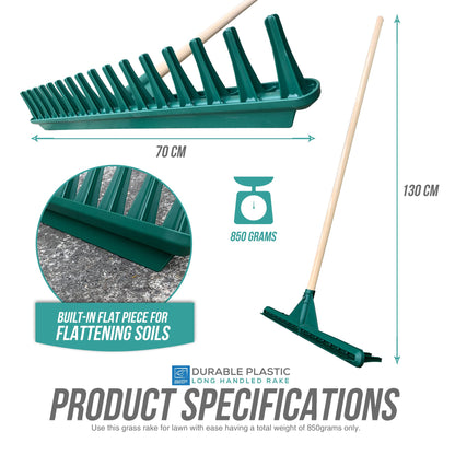 70cm Large Garden Rake with Long Wooden Handle, 16-Teeth Durable Plastic Rake with a Built-in Flat Piece for Soil Leveling, Traditional Grass Rake for Leaves, and Lawn Rake for Gardening & Landscaping