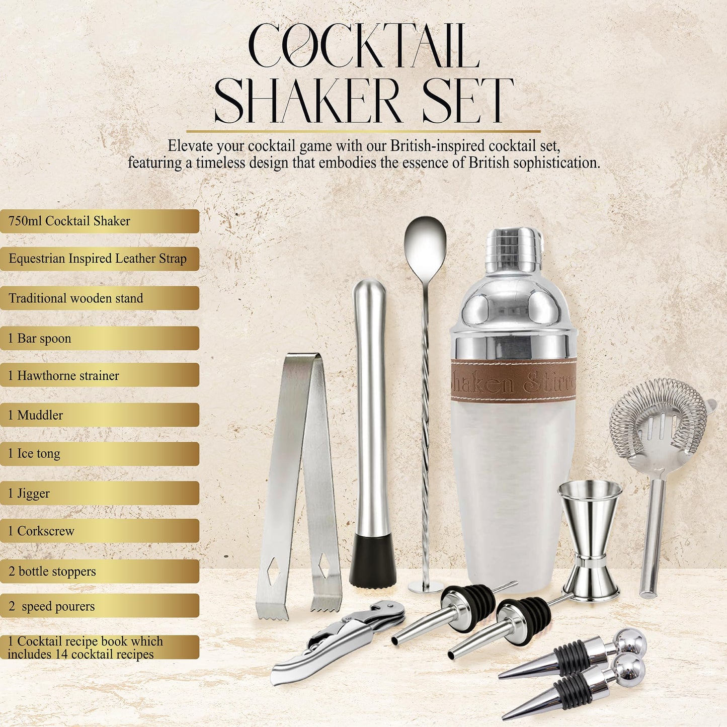 - Shaken Stirred & Served® Original Cocktail Shaker Set | Complete Cocktail Set Equipped with Stunning Equestrian Inspired Leather Strap & Cocktail Recipe Book –