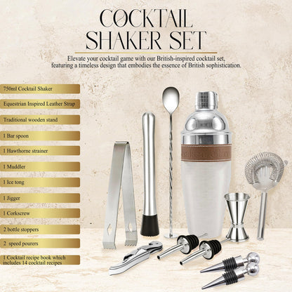 - Shaken Stirred & Served® Original Cocktail Shaker Set | Complete Cocktail Set Equipped with Stunning Equestrian Inspired Leather Strap & Cocktail Recipe Book –