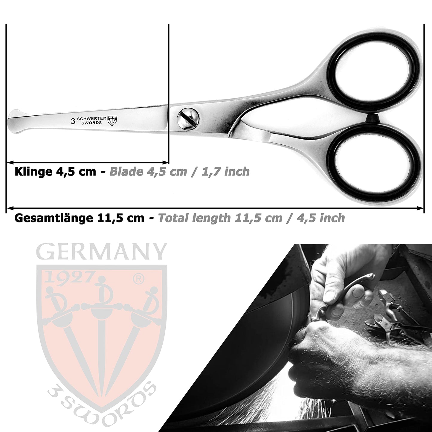 3 Swords Germany – Professional Nostril Nose and Ear Hair Scissors, Stainless Steel, Straight Rounded Blade with Black case