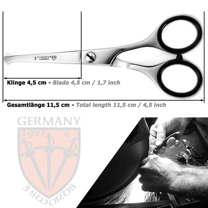 3 Swords Germany – Professional Nostril Nose and Ear Hair Scissors, Stainless Steel, Straight Rounded Blade with Black case