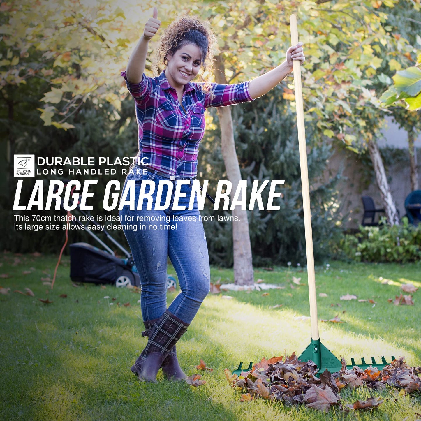 70cm Large Garden Rake with Long Wooden Handle, 16-Teeth Durable Plastic Rake with a Built-in Flat Piece for Soil Leveling, Traditional Grass Rake for Leaves, and Lawn Rake for Gardening & Landscaping