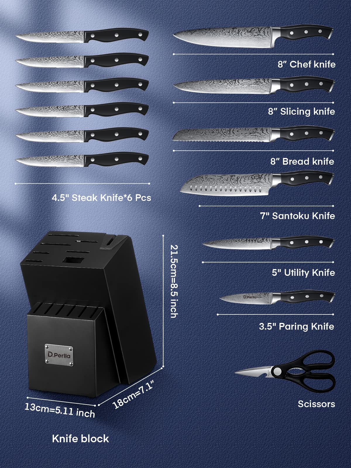 D.Perlla Knife Set, 14 Pieces Kitchen Knives Set with Self Sharpening Wooden Block, German Stainless Steel Knife Block Set with Steak Knives, Black