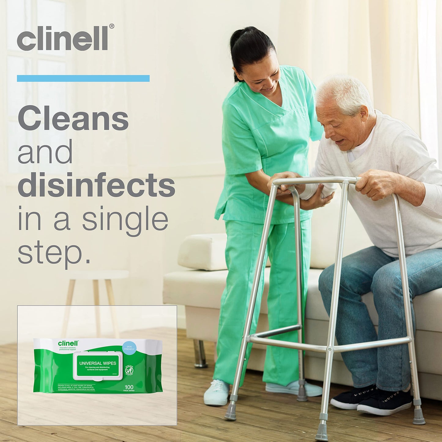 Clinell Universal Cleaning and Disinfectant Wipes for Surfaces - Pack of 100 Thick Wipes - Multi Purpose Wipes, Kills 99.99% of Germs, Quick Action - 255mm x 175mm