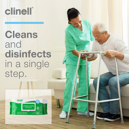 Clinell Universal Cleaning and Disinfectant Wipes for Surfaces - Pack of 100 Thick Wipes - Multi Purpose Wipes, Kills 99.99% of Germs, Quick Action - 255mm x 175mm