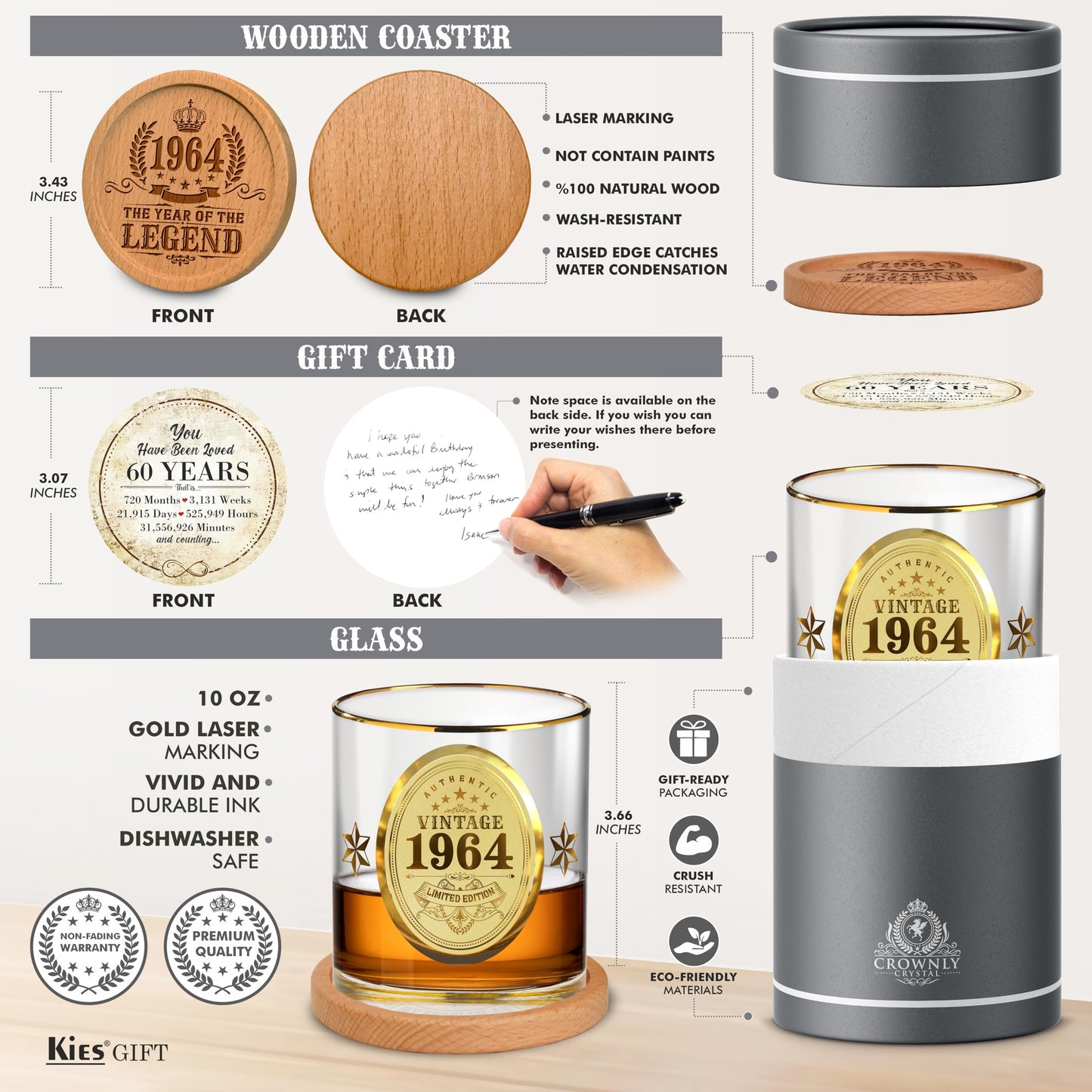 CROWNLY CRYSTAL® 60th Birthday Gifts for Men 1964 Personalised Whiskey Glass Dad Birthday Gifts Grandad Gifts Personalised Glass Whisky Glass 60th Birthday Decorations Husband Birthday Gifts