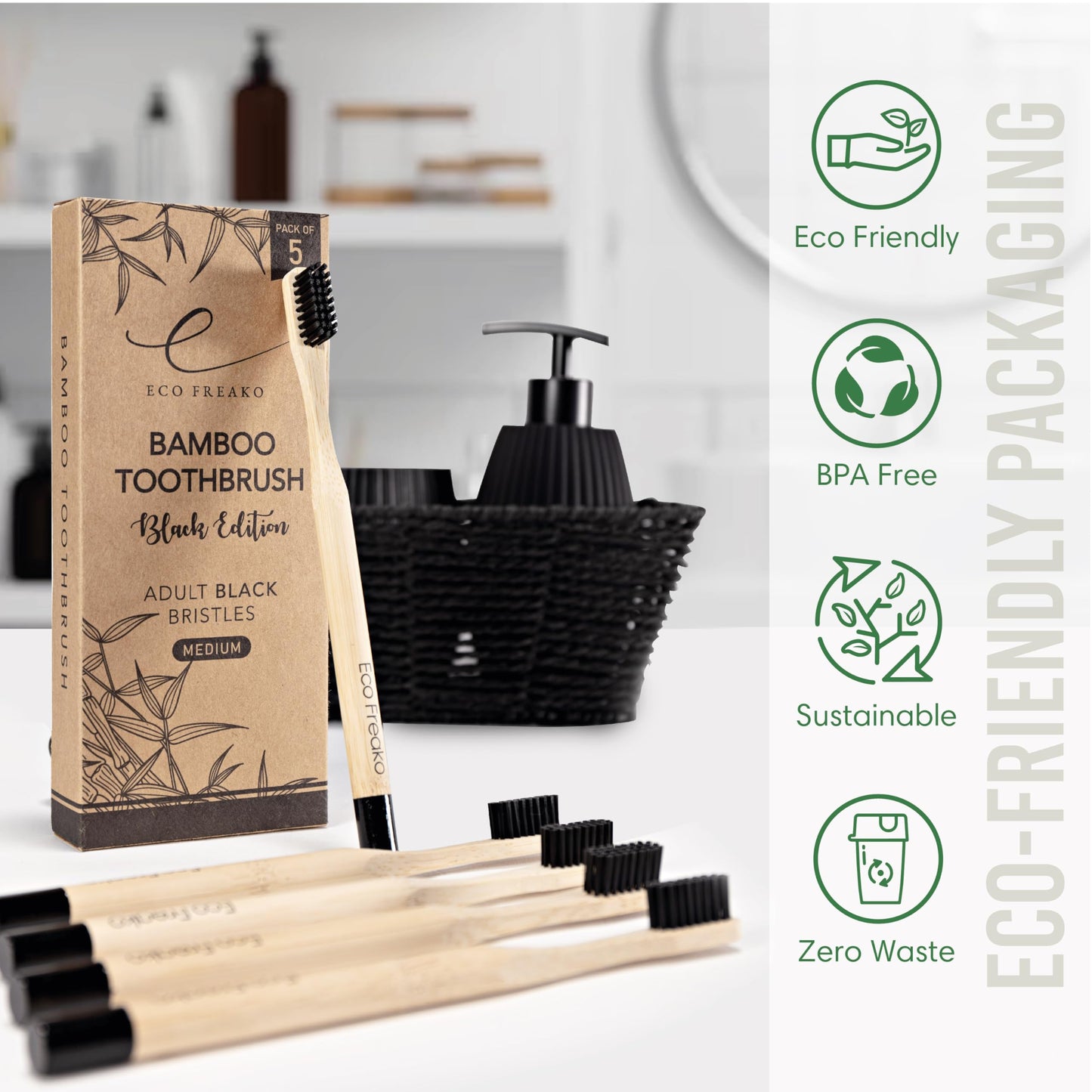 - Eco Freako Bamboo Toothbrushes | Medium Black Bristles for Adults | Natural Bamboo Toothbrush -