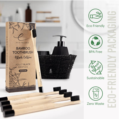 - Eco Freako Bamboo Toothbrushes | Medium Black Bristles for Adults | Natural Bamboo Toothbrush -