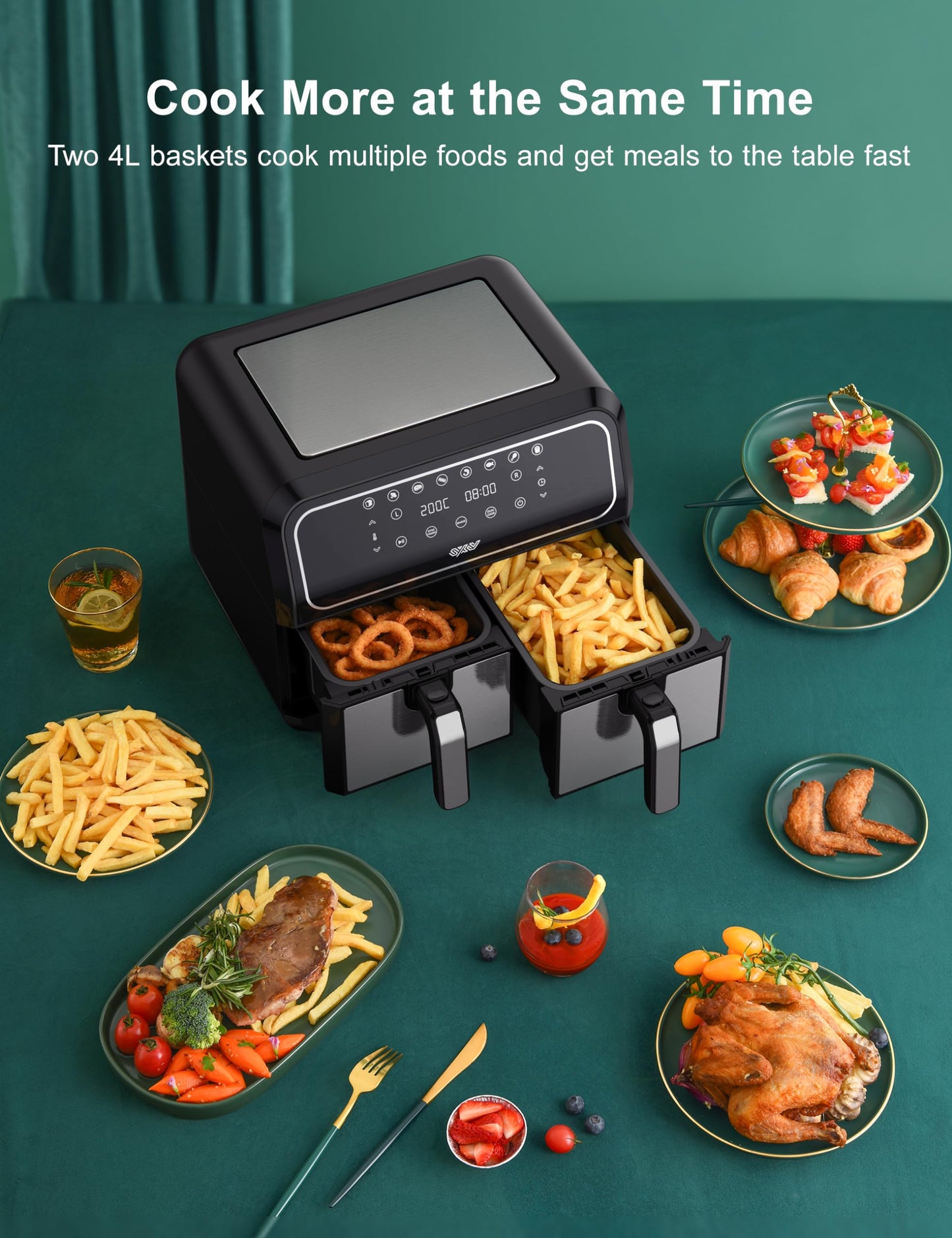 - Innsky Dual Zone Hot Air Fryer Double Chamber 8L | 8 Programmes Hot Air Fryer | Double Air Fryer | 2 Baskets -