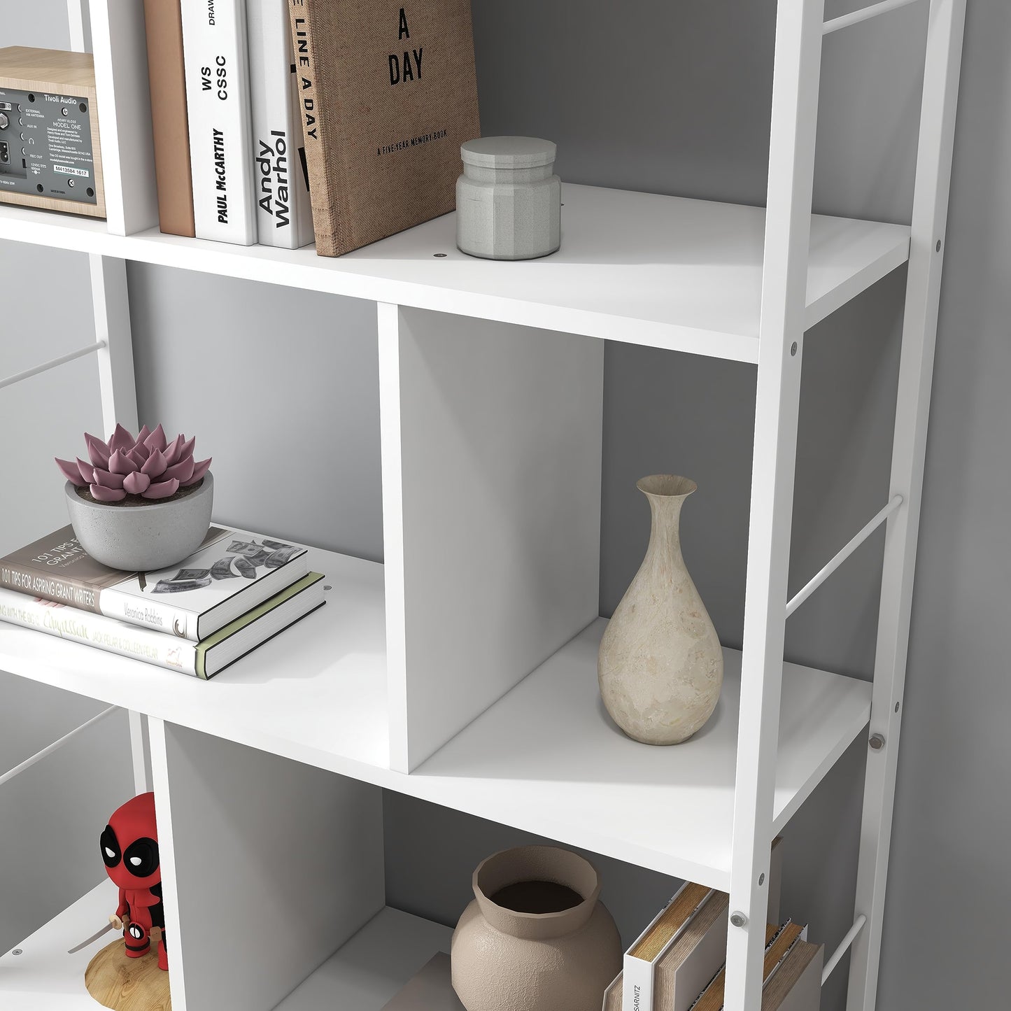 4 Tier Bookcase, Large Steel Frame Bookcase Wooden Cube Shelves Tall Storage Shelf Cupboard Organizer Display Industrial Style Free Standing Unit for Living Room, Office (White, 4 Tier with 2 Doors)