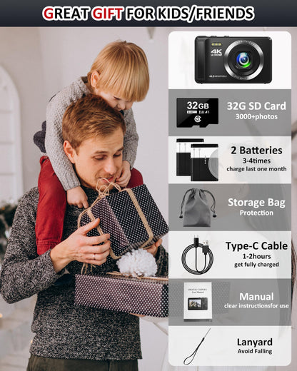 4K Digital Camera 44MP Autofocus - Compact Camera with 32G SD Card & 2 Batteries 16X Digital Zoom Portable Digital Camera for Kids Teen Students Seniors Beginner