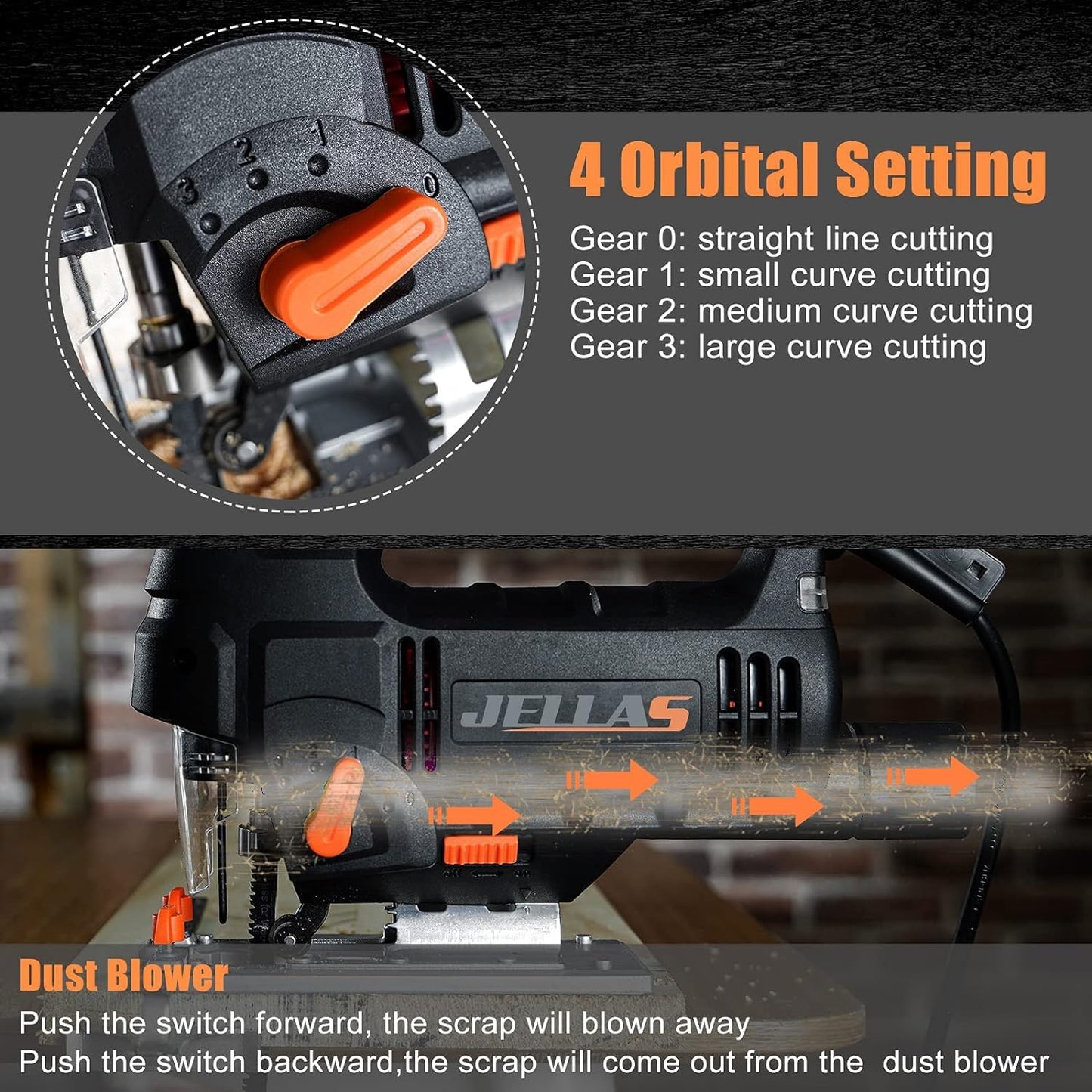 - Jig Saw | Jellas 800W 3000 SPM Electric Jigsaw tool with 10 Piece T-Shank Blades | LED Light, 6 Variable Speed | 4 Orbital Sets | 0°-45° Bevel Cutting -