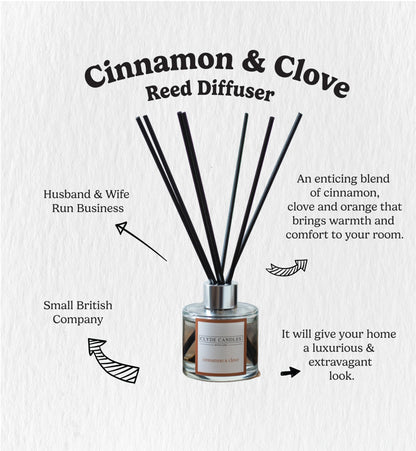 Cinnamon & Clove Reed Diffuser - Clyde Candles, Luxury Diffuser Oil with a Set of 7 Fibre Sticks, 100ml, Best Aroma Scent for Home, Kitchen, Living Room, Bathroom. Fragrance Diffusers set with sticks