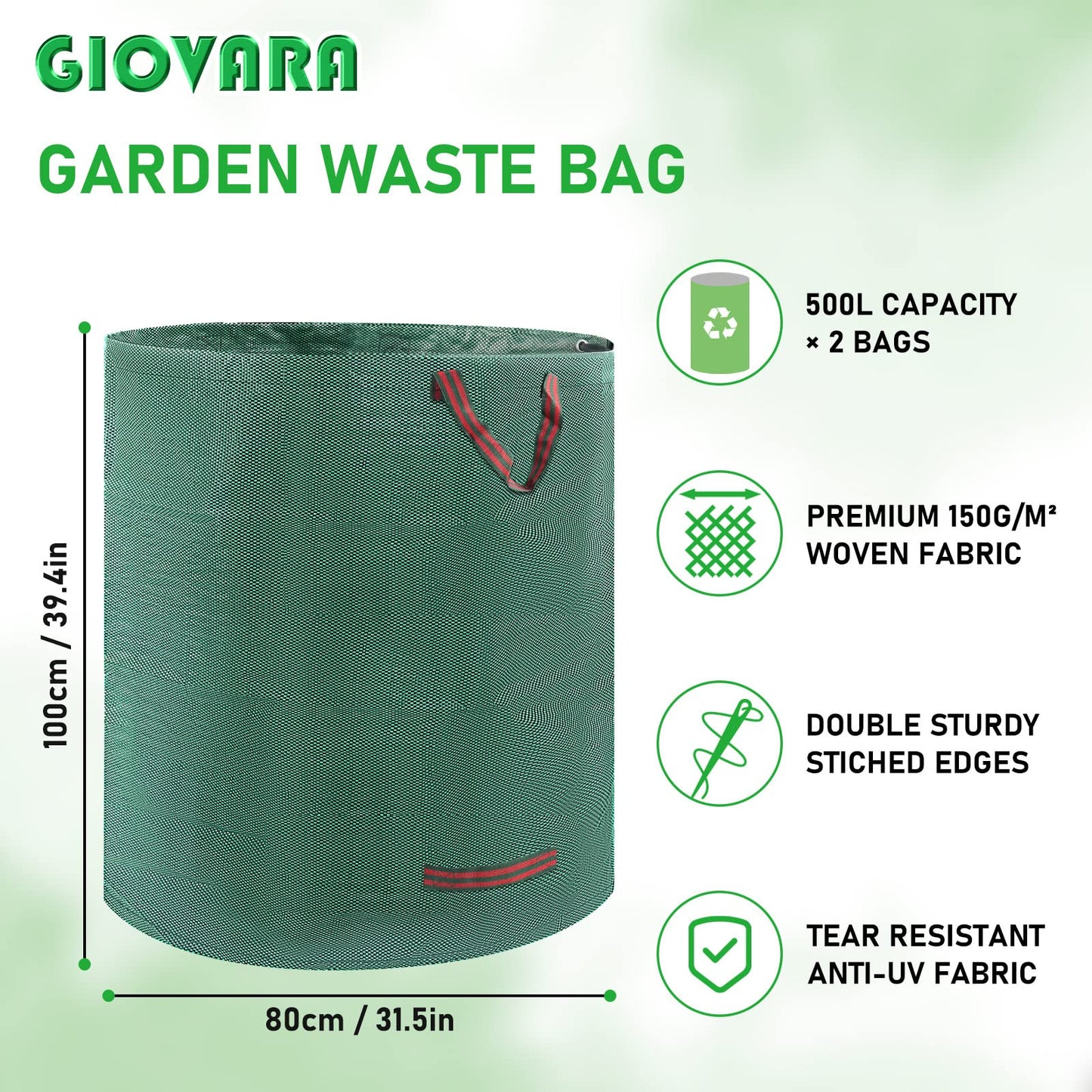 2 x 500L Garden Waste Bags,Waterproof Heavy Duty Large Refuse Sacks with Handles,Foldable and Reusable