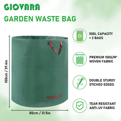 2 x 500L Garden Waste Bags,Waterproof Heavy Duty Large Refuse Sacks with Handles,Foldable and Reusable