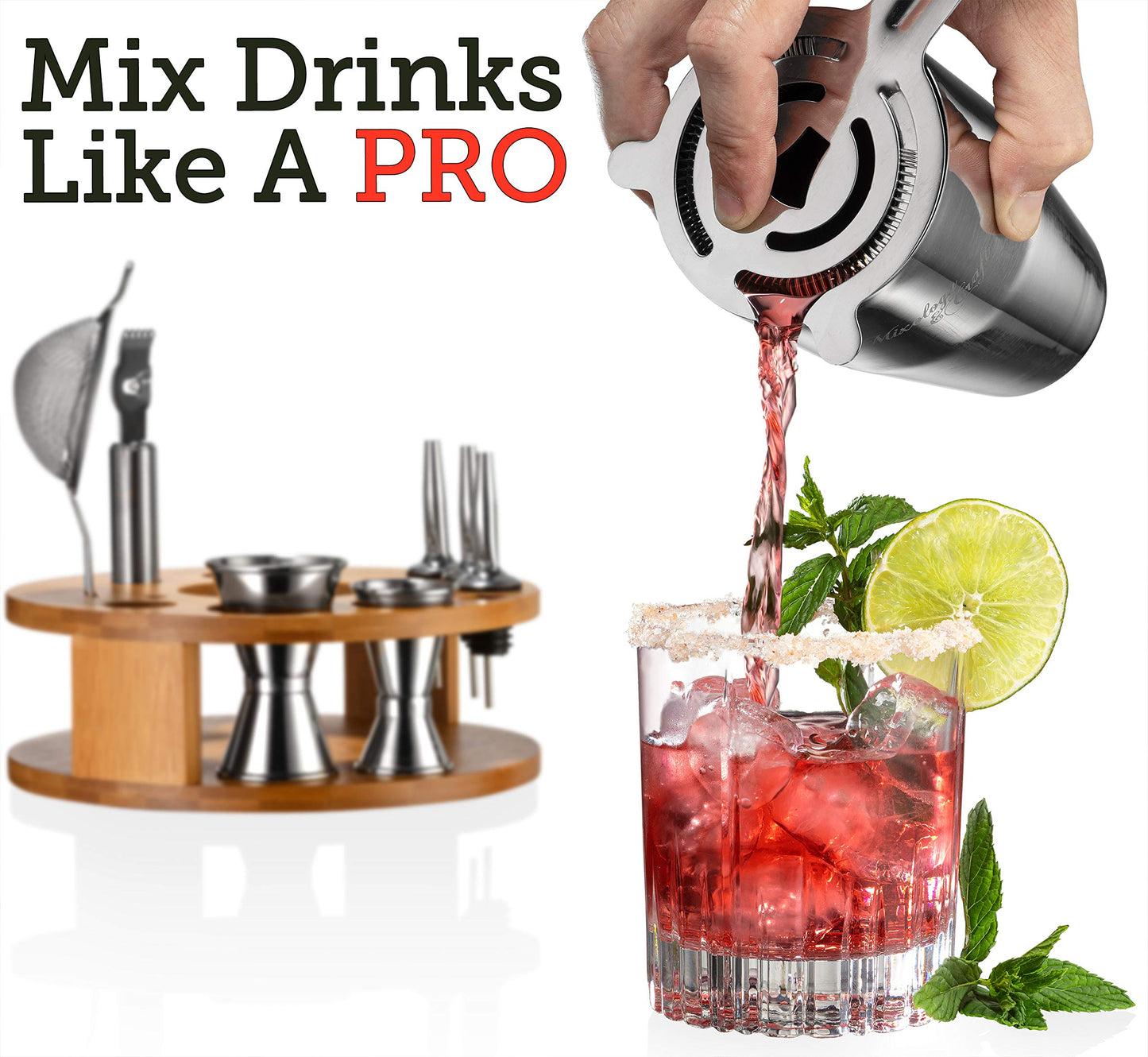 - Mixology & Craft Cocktail Shaker Set -| 15-Piece Cocktail Making Set w/Bamboo Stand -