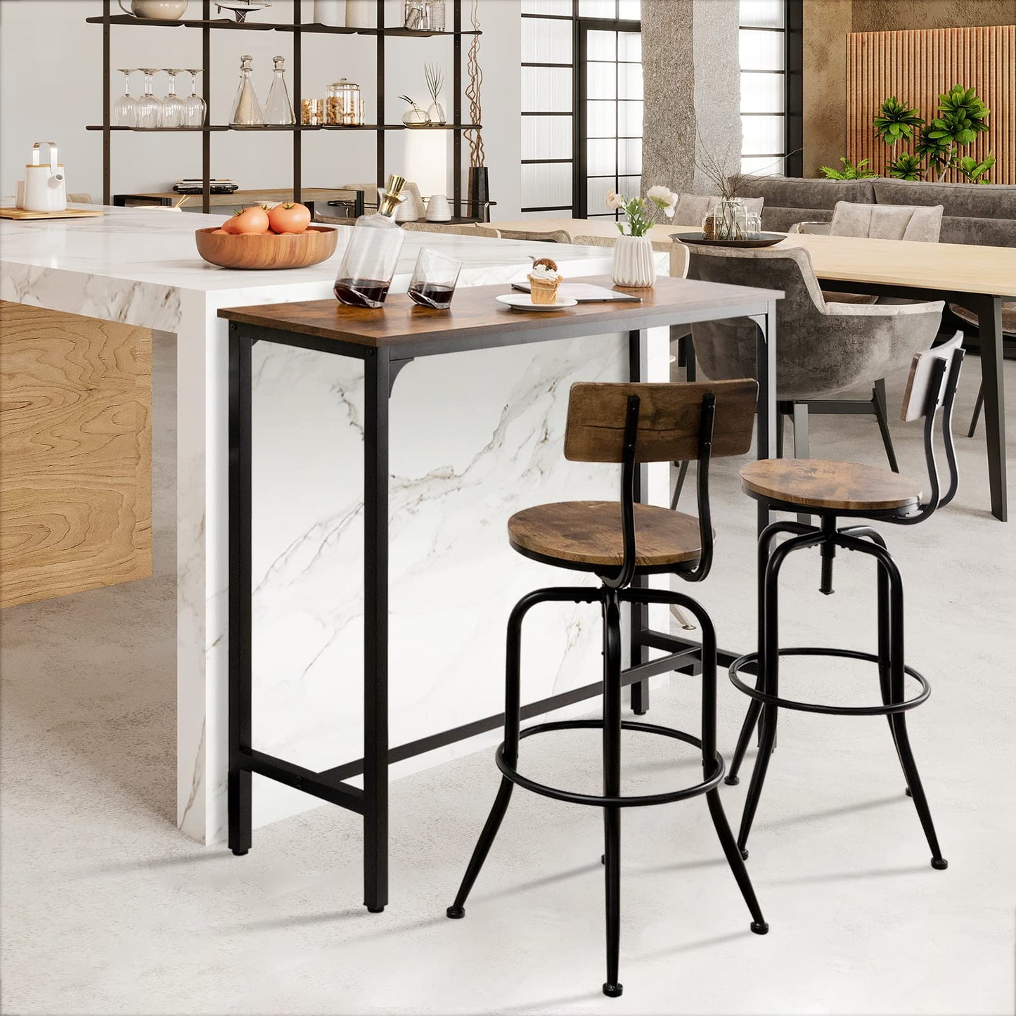 COSTWAY Rectangular Bar Table, 120cm Counter Breakfast Dining High Tables with Footrest and Adjustable Footpads, Metal Frame Pub Coffee Desk for Small Space Kitchen Living Room (Rustic Brown)