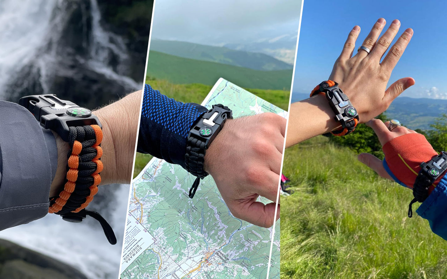 aZengear Paracord Survival Bracelet (2 Pack) | Flint Steel Fire Starter, Compass, Whistle,Hiking Accessories, Wild Camping Equipment Kit, Bushcraft, Emergency (Black and Orange)