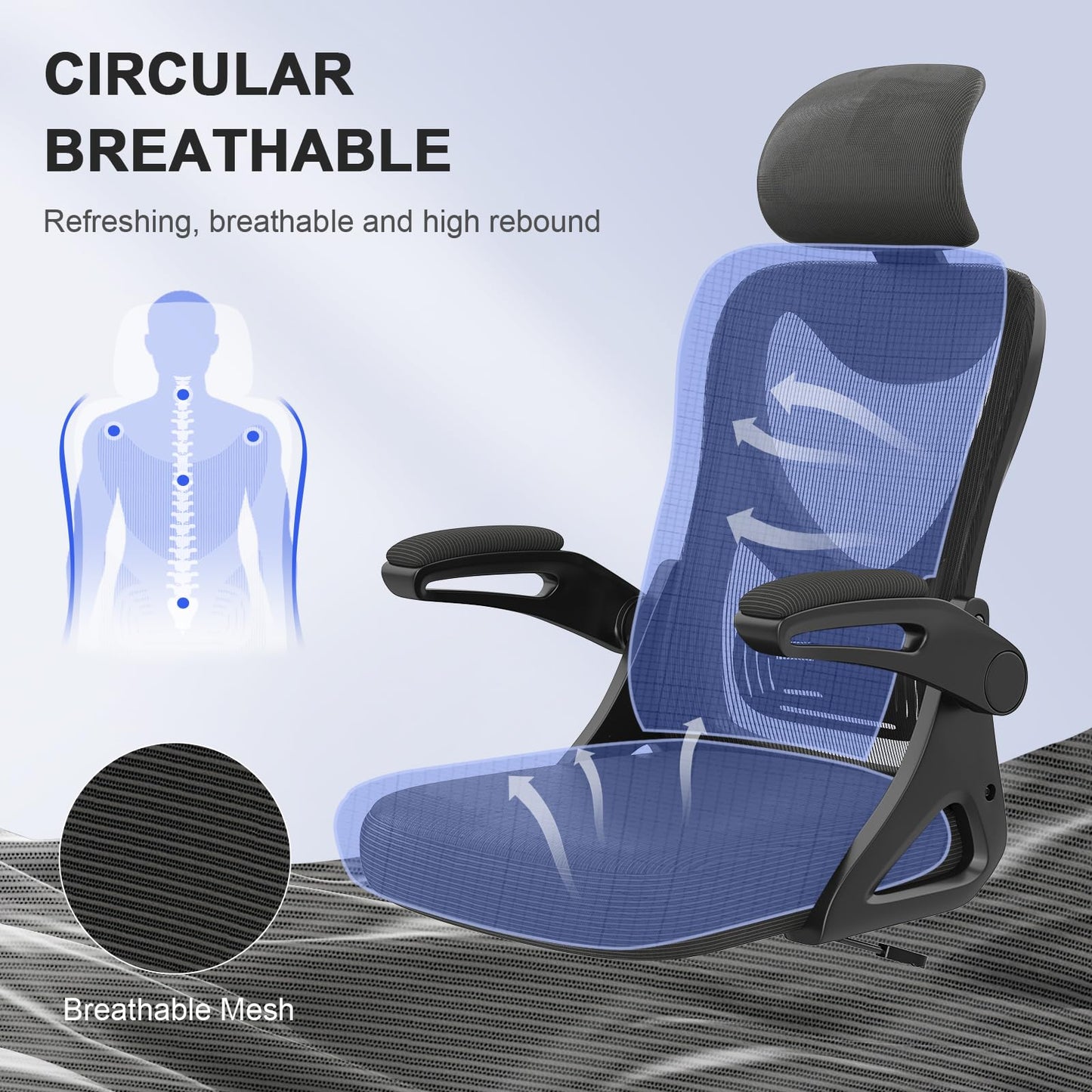 BareTay Office Chair Ergonomic Desk Chair with Lumbar Support Headrest Adjustable, Padded Flip-up Armrests Comfy Seat Cushion Mesh Office Desk Chair High Back Task Chair Swivel Computer Chair
