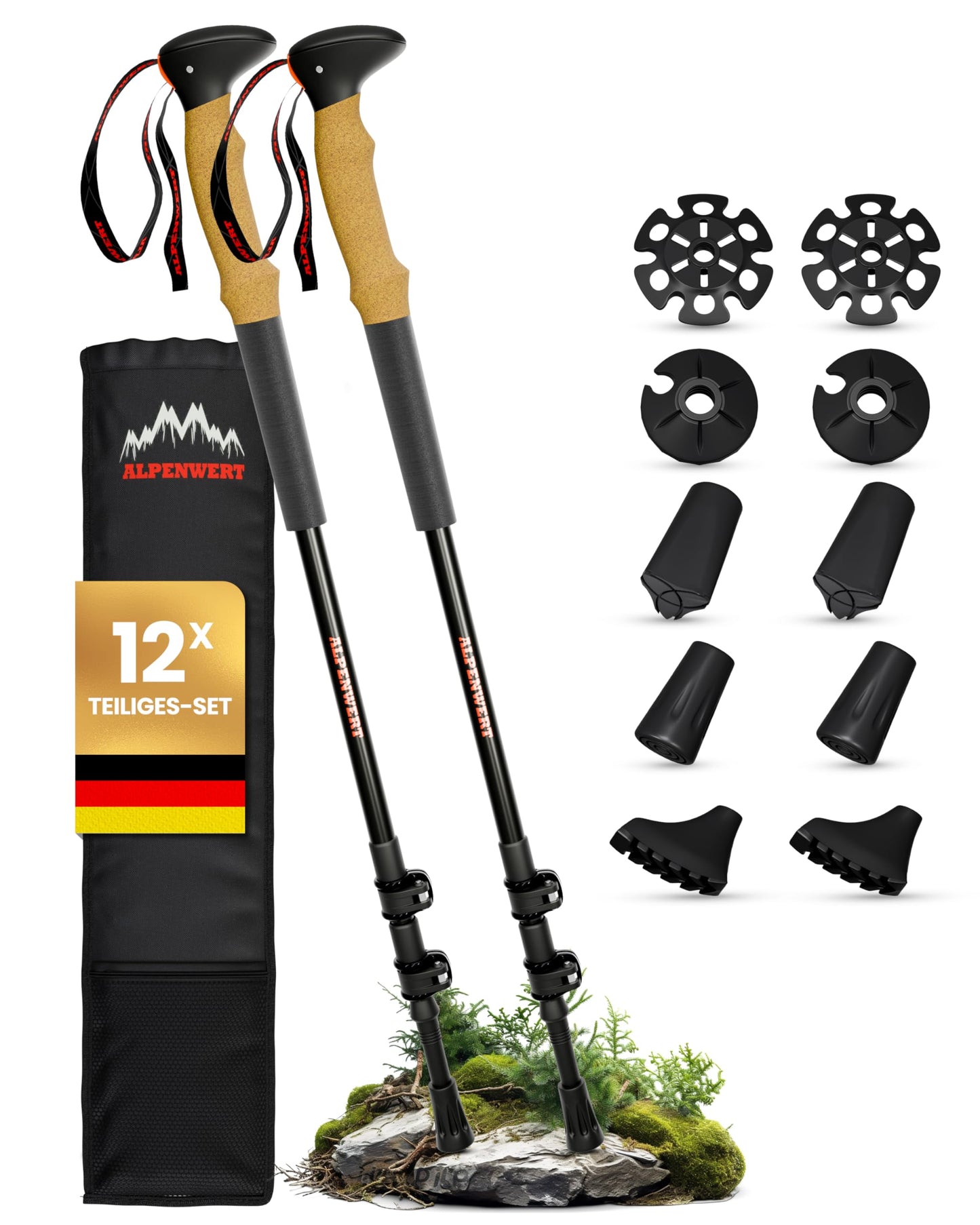 ALPENWERT Hiking Poles [Carbon & Aluminium] Walking Poles for Men and Women - Telescopic Trekking Poles with Cork Handle for Hiking, Nordic Walking and Ski Touring (Aluminium)