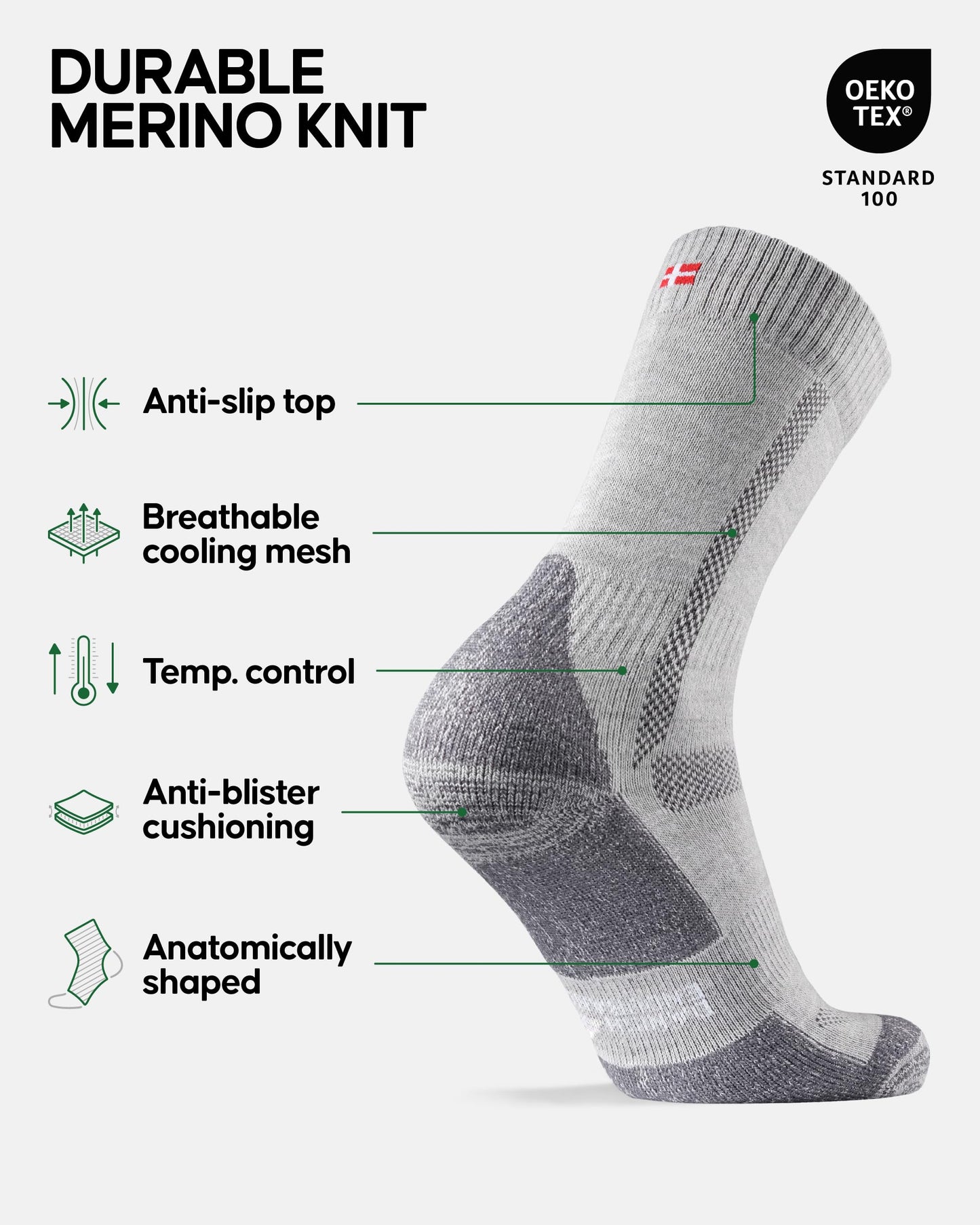 DANISH ENDURANCE Outdoor Walking Thermal Socks, Merino Wool, Premium Comfort Hiking Socks for Men & Women 3 Pack, Light Grey, 13-15