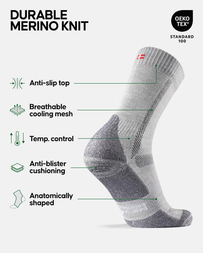 DANISH ENDURANCE Outdoor Walking Thermal Socks, Merino Wool, Premium Comfort Hiking Socks for Men & Women 3 Pack, Light Grey, 13-15