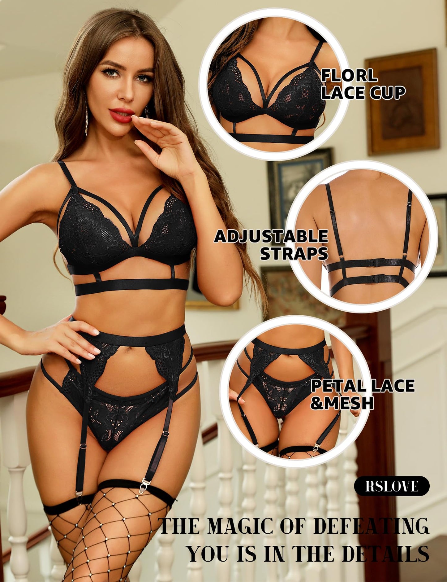 - RSLOVE Sexy Lingerie for Women | Floral Lace Bra and Panty Set | 3 Pieces | Black -