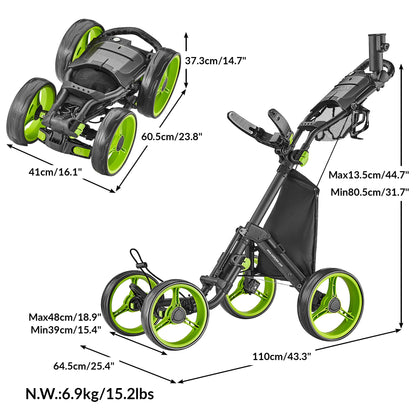 Caddytek 4 Wheel Golf Push Cart - Compact, Lightweight, Close Folding Push Pull Caddy Cart Trolley - Explorer V8, lime, one size