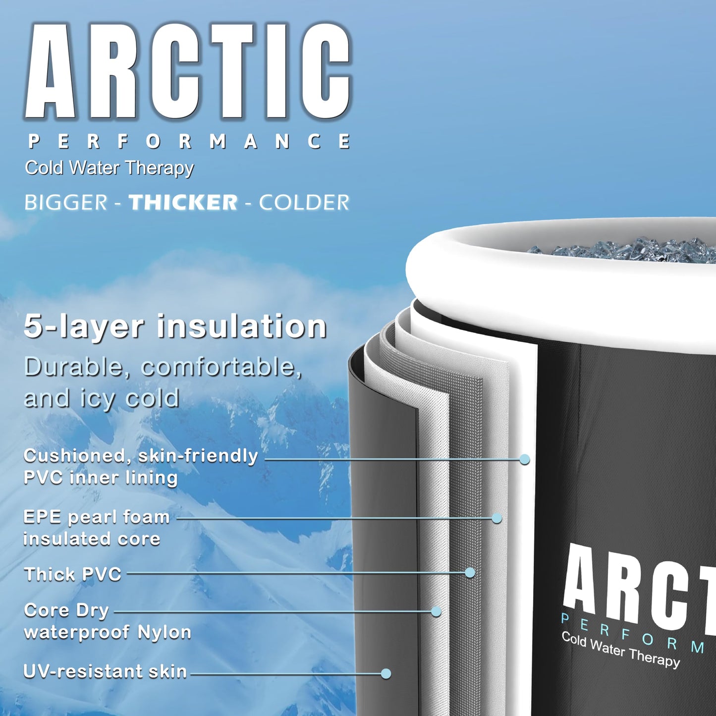 Arctic Performance® Ice Bath Tub for Recovery - XL Cold Water Therapy Tub for Athletes and Cold Plunge - 5 Layers Portable Outdoor Ice Bath Plunge Pool - Black 360L