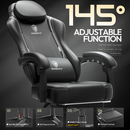 - Dowinx Gaming Chair with Footrest | Gaming Chair for Adults | Ergonomic Gaming Chair with Pocket Spring Cushion and Massage Lumbar Support | High Back | 200kg Black -