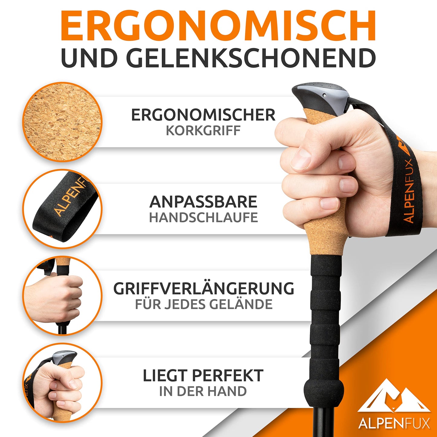 ALPENFUX® Premium Telescopic Hiking Poles, Trekking Poles, Nordic Walking Poles, Lightweight and Adjustable with Cork Handle for Men and Women, Black, Orange
