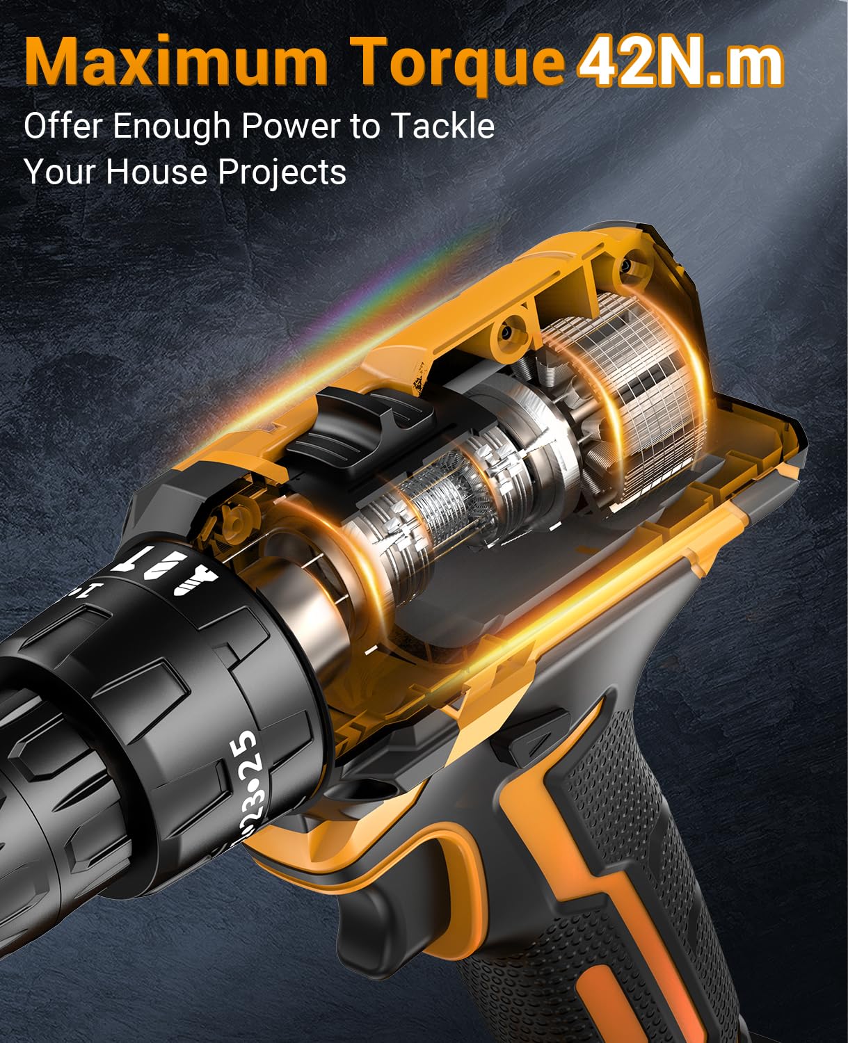 Cordless Drill Driver 21V, Cordless Hammer Drill with 2 Batteries 2000mAh, 25+3 Torque, 42N.m Max Electric Drill, 14PCS Drill Bits, 2 Speed, LED Light for Home and Garden DIY Project