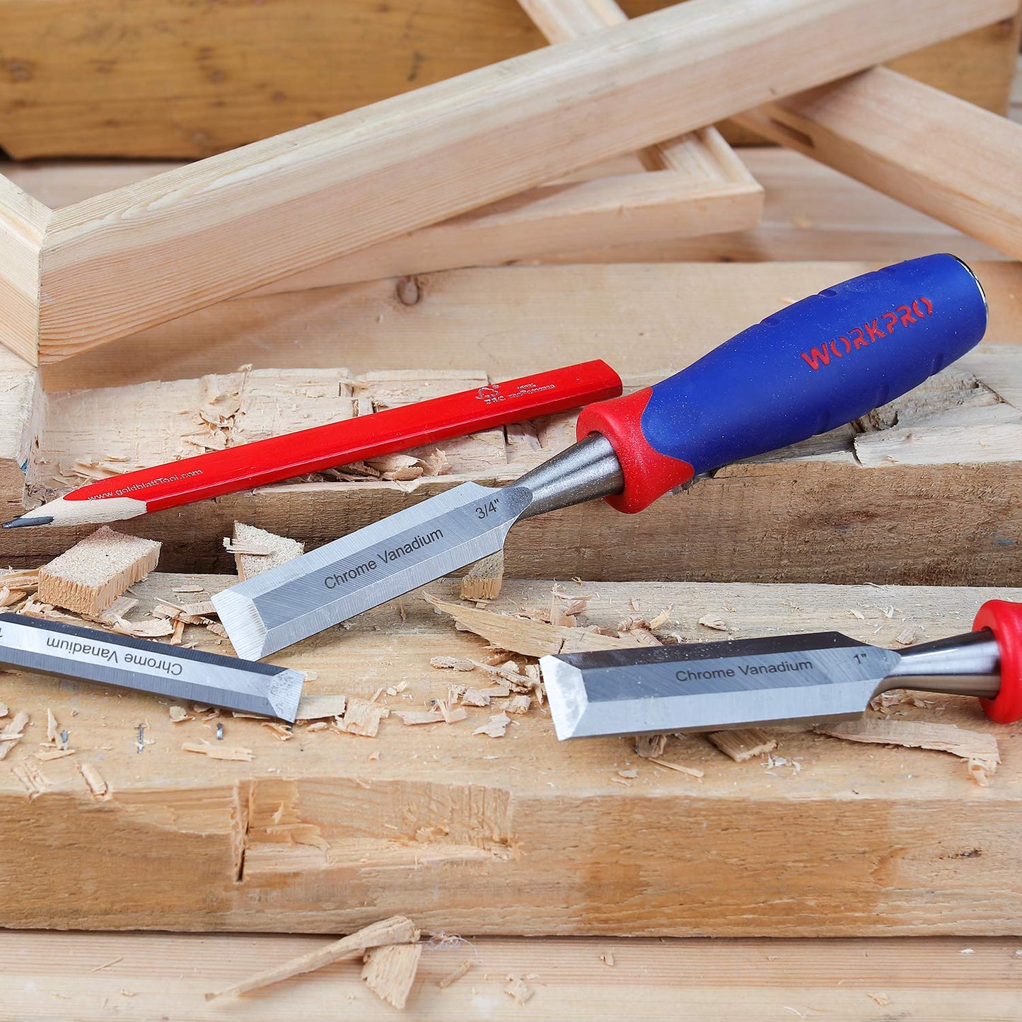 - WORKPRO Wood Chisel Set, 3 Pieces Wood Carving Chisels 12 mm, 19 mm, 25 mm, Cr-V Bevel Edge Chisels with Steel Hammer End and Non Slip Handle