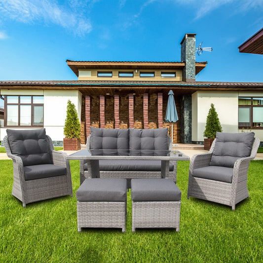 Chusstang Garden Rattan Sofa Set 6 Seaters, Patio Sofa Dining Table Set, Aluminum Frame Wicker Weave Furniture Set, Included Dining Table+Loveseat+ 2 Armchair+2 Stool -Gray