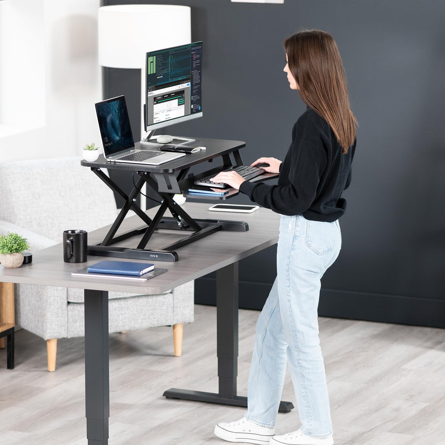 - VIVO Standing 81 cm Desk Converter, Height Adjustable Riser, Sit to Stand Dual Monitor and Laptop Workstation with Wide Keyboard Tray -