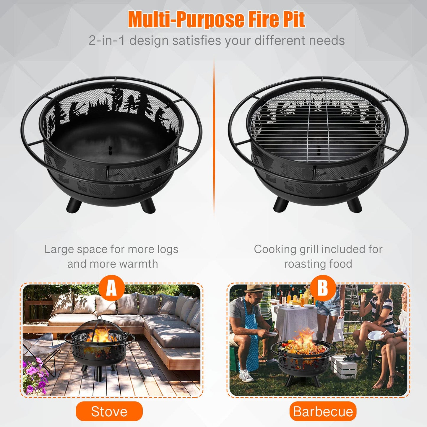 COSTWAY 77cm Large Fire Pit Bowl, 2 in 1 Wood Burning Firepit Brazier with Cooking Grill, Spark Guard and Fire Poker, Round Metal Log Heater Burner for Outdoor BBQ Camping Party