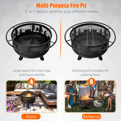 COSTWAY 77cm Large Fire Pit Bowl, 2 in 1 Wood Burning Firepit Brazier with Cooking Grill, Spark Guard and Fire Poker, Round Metal Log Heater Burner for Outdoor BBQ Camping Party