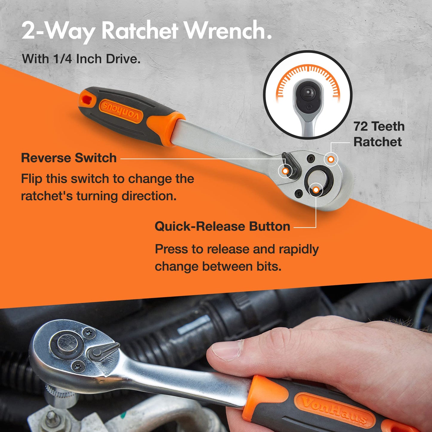 - VonHaus 130pc Socket + Bit Set Including 72-Teeth Ratchet Handle -