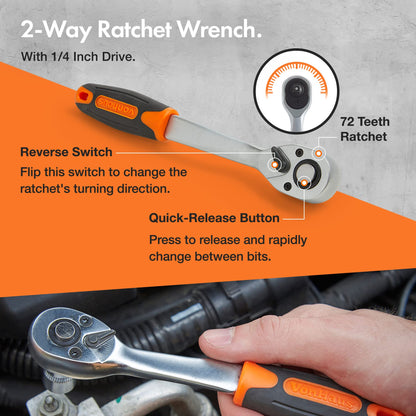 - VonHaus 130pc Socket + Bit Set Including 72-Teeth Ratchet Handle -