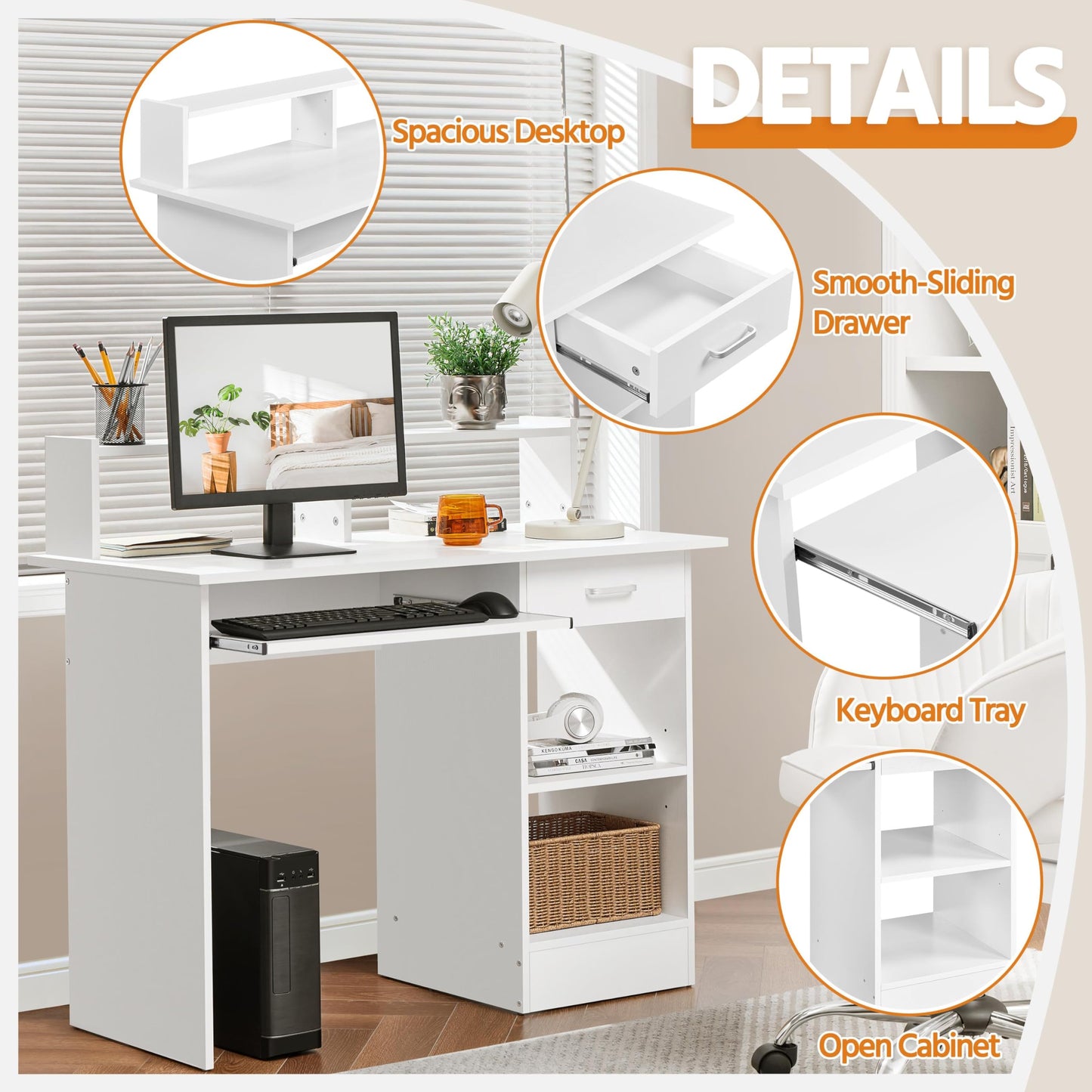 - Yaheetech 106x50x94cm Computer Desk with Storage Shelves/Keyboard Tray/Drawer/ for Home Office in White.