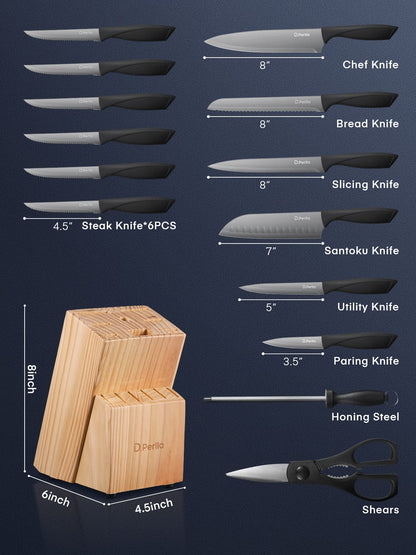 D.Perlla Knife Set with Block, 15 Pieces Kitchen Knife Set, Non Stick Black Colour Coating Stainless Steel Blade Knife Set, No Rust, Sharp Knife Block Set