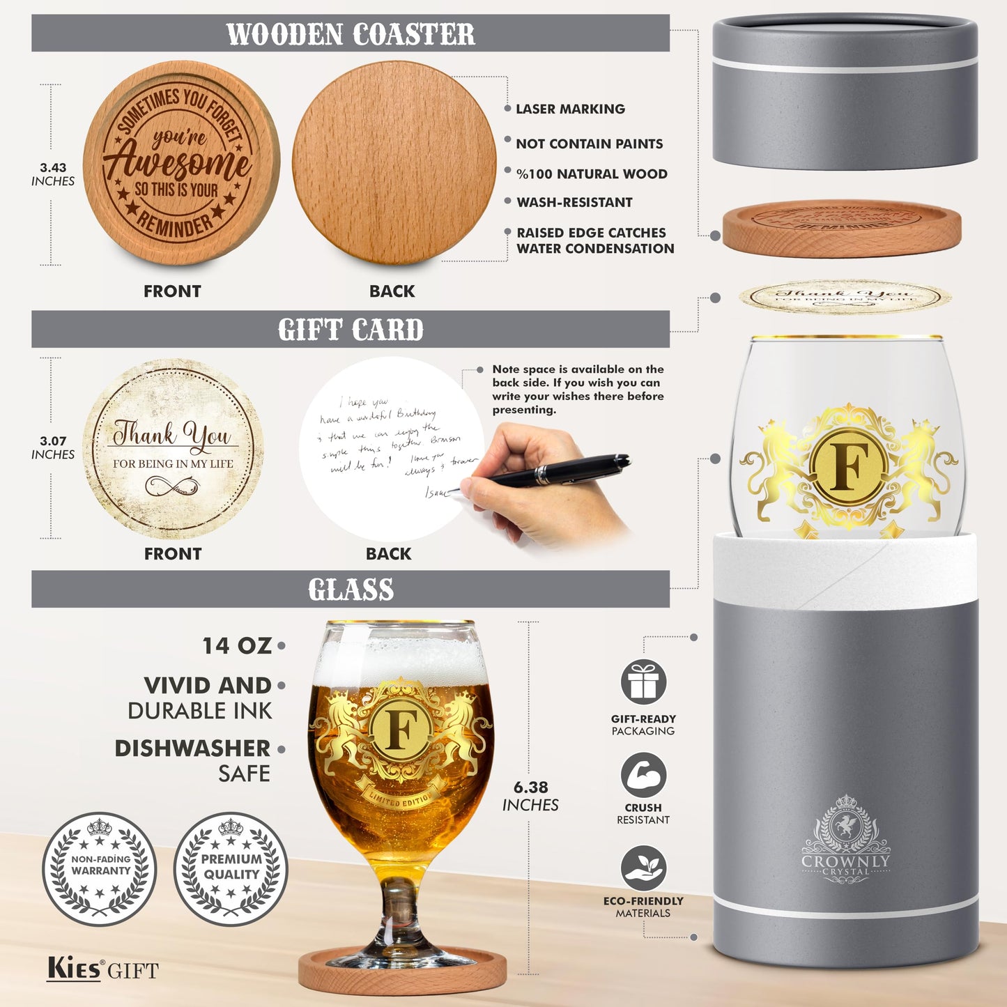 CROWNLY CRYSTAL® Personalised Gifts for Men Beer Glasses Gifts for Him Gifts for Dad Pint Glasses Gift Ideas for Men Gifts for Brother Gift Sets for Men Husband Birthday Gifts Beer Gifts for Men (F)