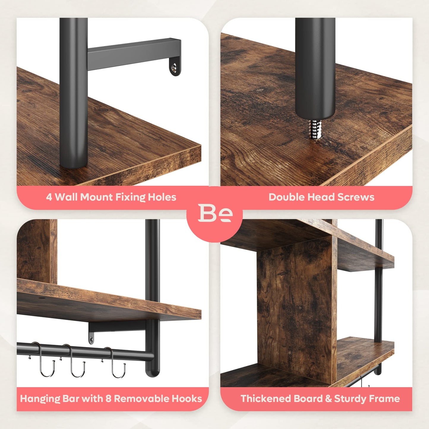 Bestier 3 Tier Floating Pipe Shelving 115CM Industrial Wall Mounted Ladder Shelf Hanging with Circular Tube with Hooks Wood Display Storage Home Decor Book Shelves for Living Room Kitchen Balcony