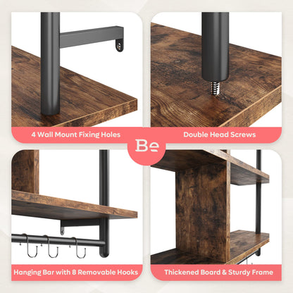 Bestier 3 Tier Floating Pipe Shelving 115CM Industrial Wall Mounted Ladder Shelf Hanging with Circular Tube with Hooks Wood Display Storage Home Decor Book Shelves for Living Room Kitchen Balcony