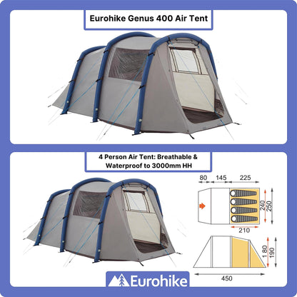 - Eurohike Genus 400 Inflatable 4 Person Air Tent | Separate Bedroom | Living Area | Porch -