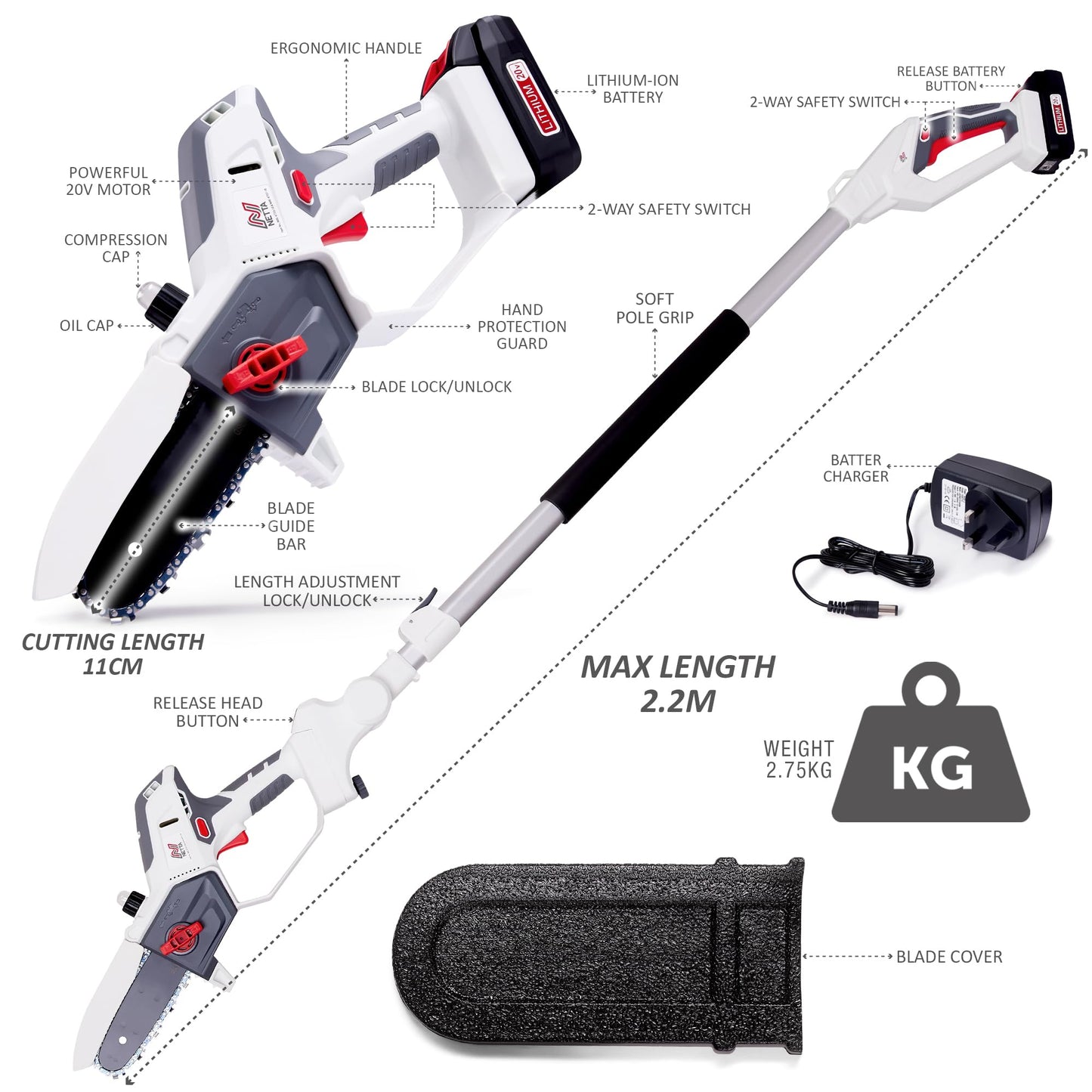 - NETTA Cordless 2-in-1 Pole & Handheld Garden Chainsaw | 20V MAX | Light-Weight | Battery & Charger Included -