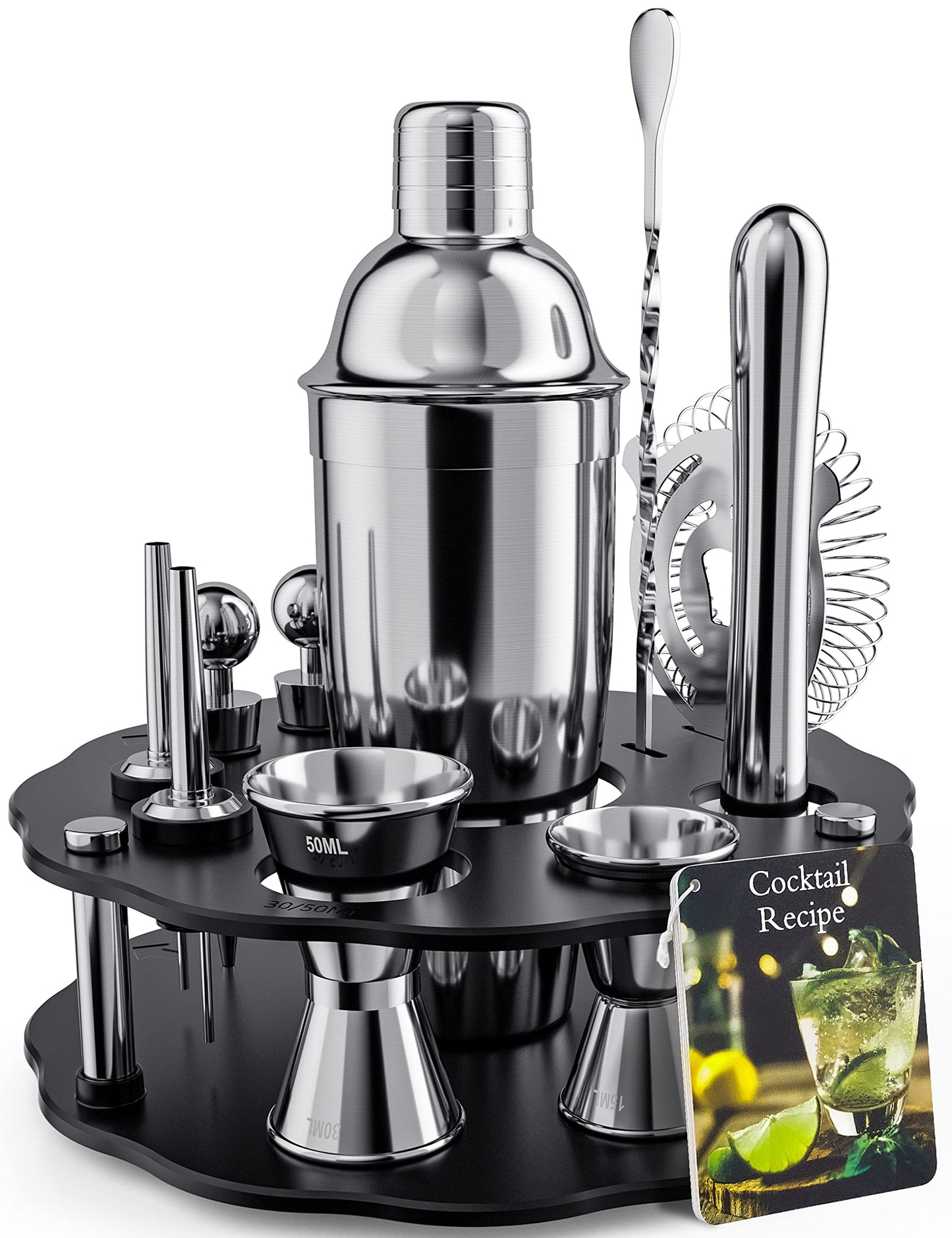 Bokhot 750ml Bartender Kit, 14PCS Cocktail Making Set Stainless Steel Cocktail Shaker Set with Rotating Stand,Shaker Tins, Jigger, Spoon, Pourers, Strainer,Tongs,Bottle Stoppers,Opener, Recipes(Black)