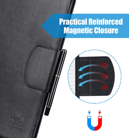 Clipboard Folder DIN A4, Leather Document Case Clip Board with Magnetic Closure Cover, for Work Writing Conference Folder Legal Pad with A4 Paper &Sticky Arrow Tabs &Pen, Black